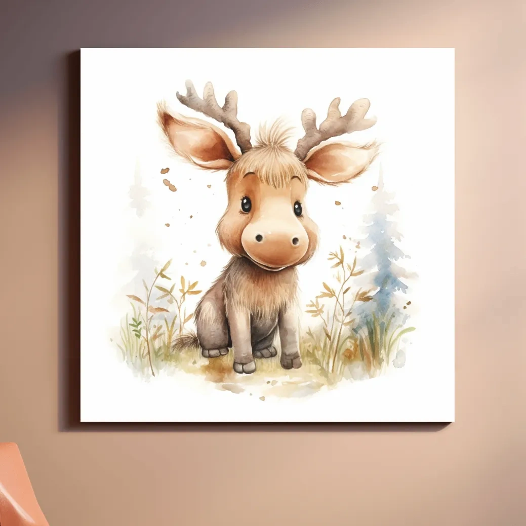 Watercolor illustration, a cute baby moose in the forest, nursery art