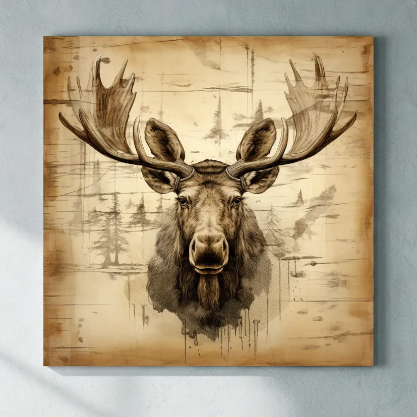 Rustic Sepia Moose Portrait Sketch - Vintage Lodge Wildlife Wall Art