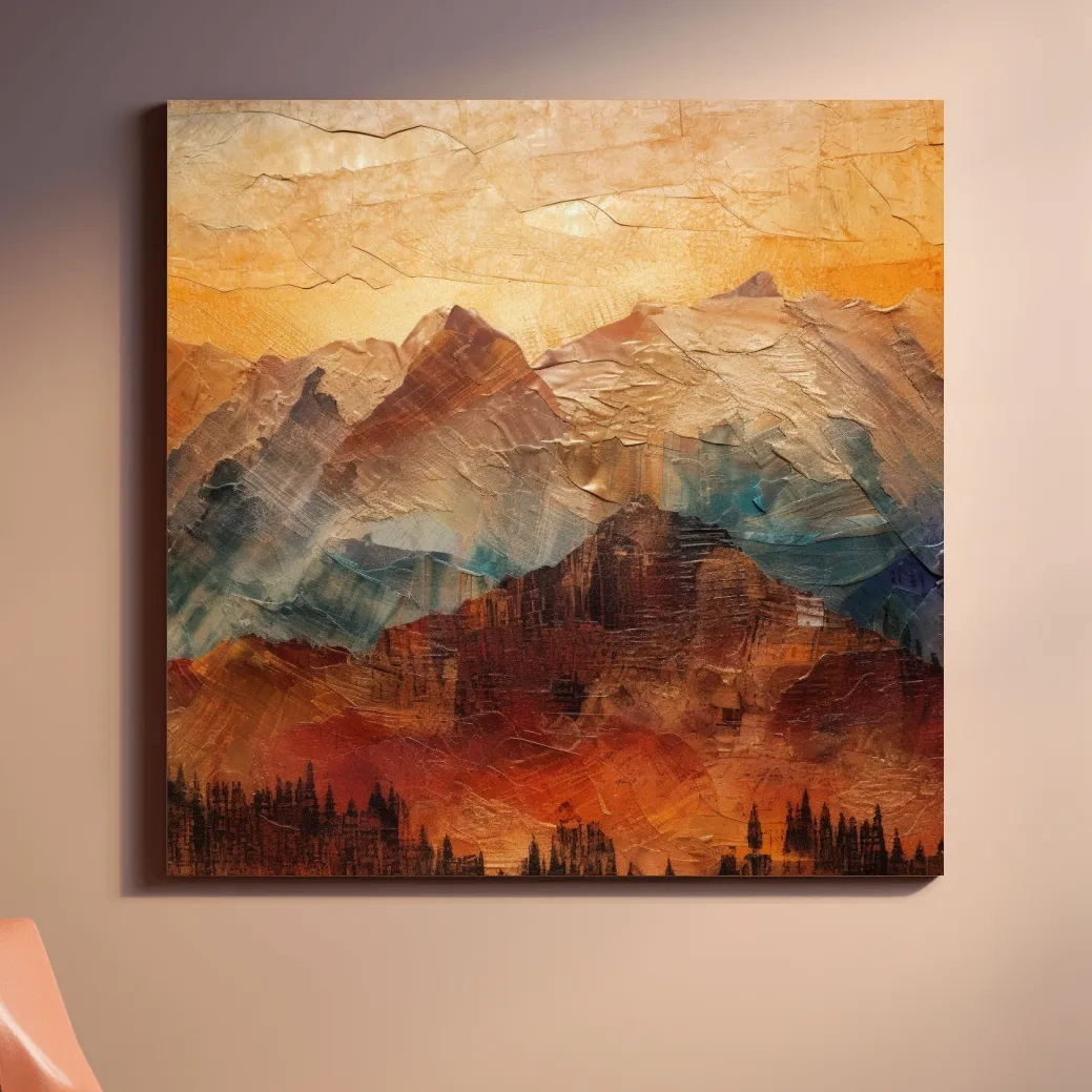 Rustic textured painting effect artwork of mountains at sunset