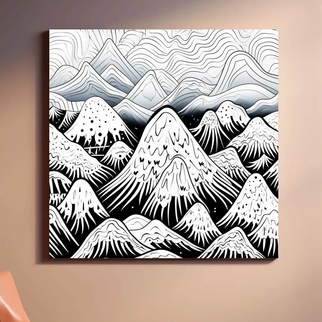 Black and white illustration of snowy mountain peaks