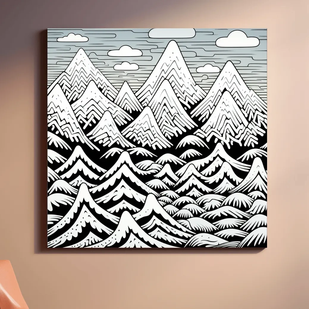Black and white illustration drawing of snowy mountain patterns