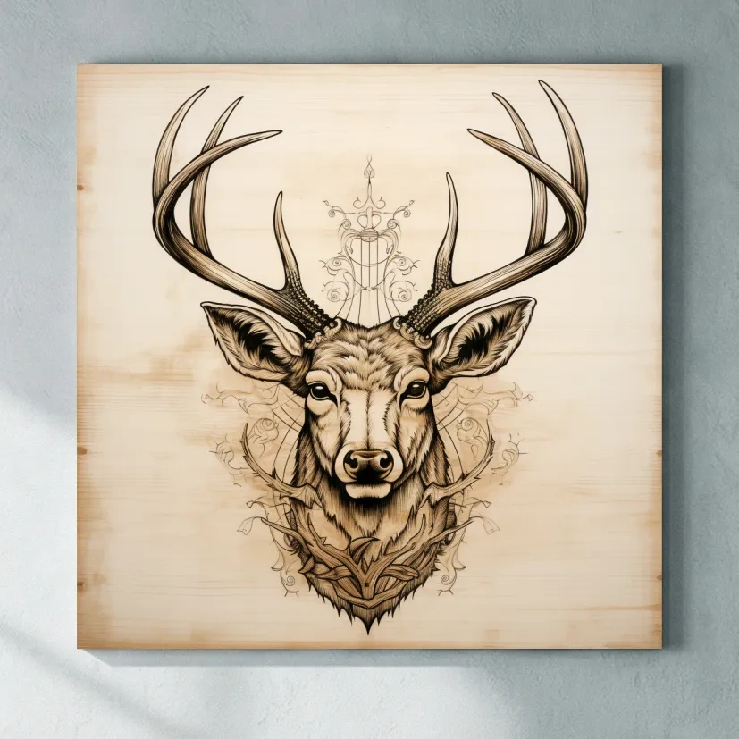 Ornate Deer Head on Wood Sketch Illustration - Rustic Wildlife Wall Art