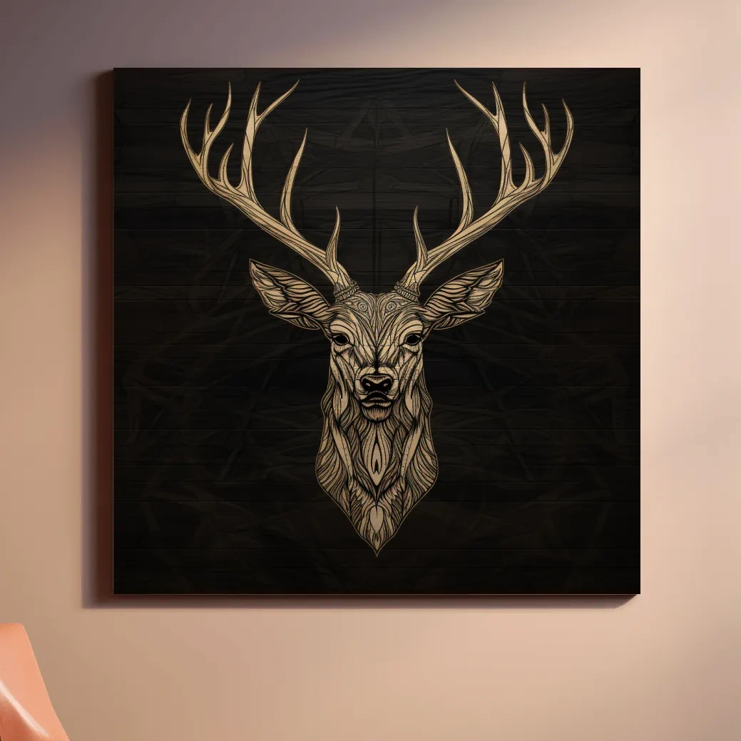 Wood engraving artwork of a deer head