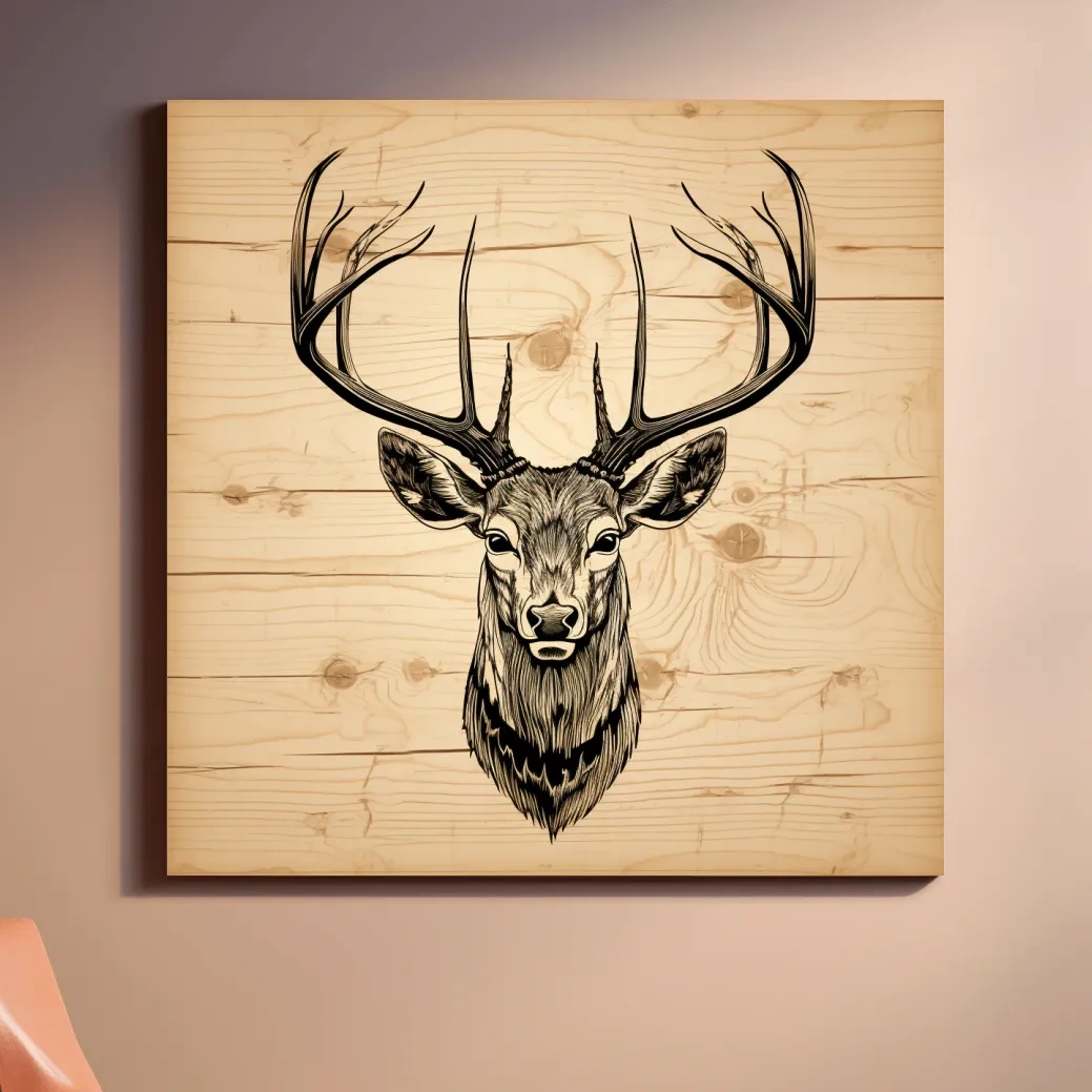 Engraved wood art of deer head