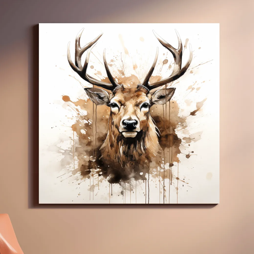 Splattered watercolour painting of a deers head
