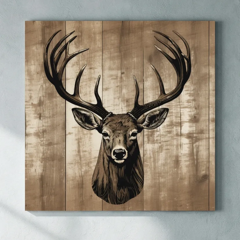 Rustic Stag Head Illustration - Vintage Cabin Lodge Wildlife Wall Art