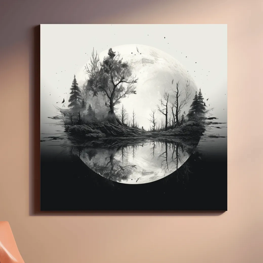 Surreal double exposure moon and forest drawing artwork