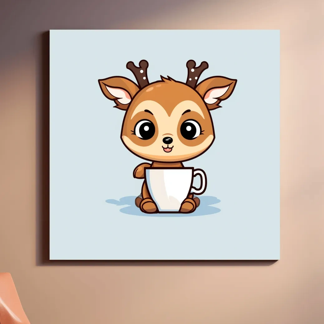 Cartoon illustration of a cute baby deer having morning coffee