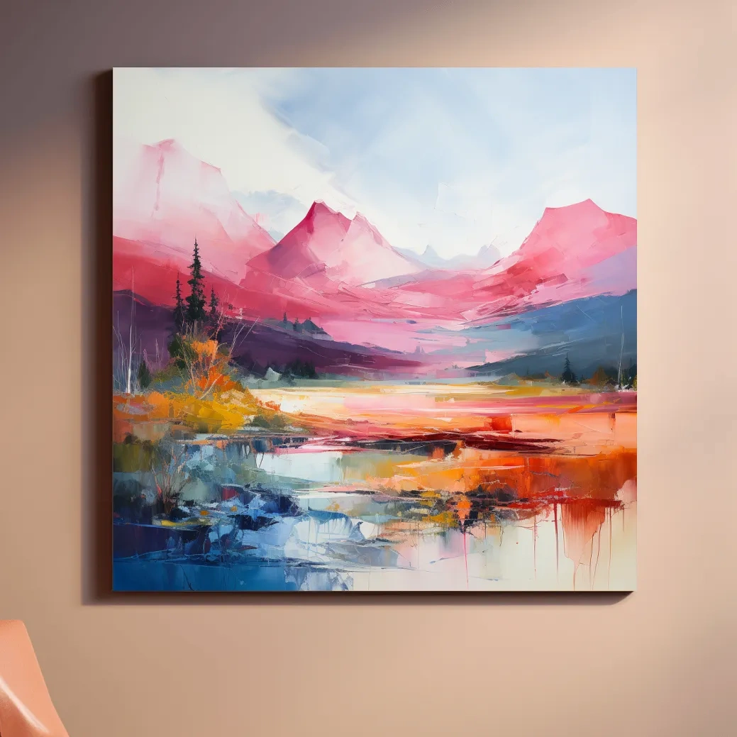 Abstract impressionist painting of an alpine mountain scene