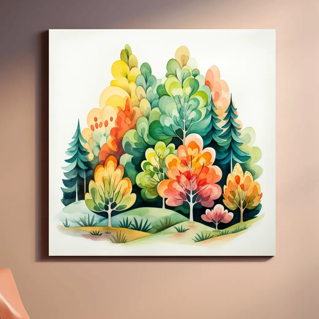 Colorful forest art, watercolor style illustration