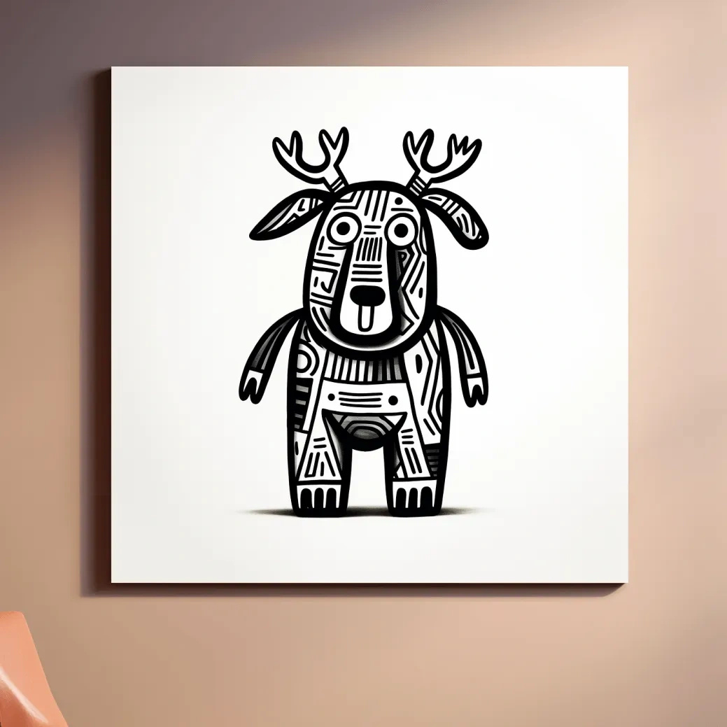 Whimsical Tribal Deer Illustration - Quirky Black And White Animal Wall Art
