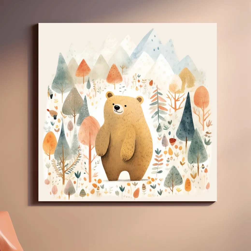 Cute quirky storybook nursery art, a brown bear in the mountains