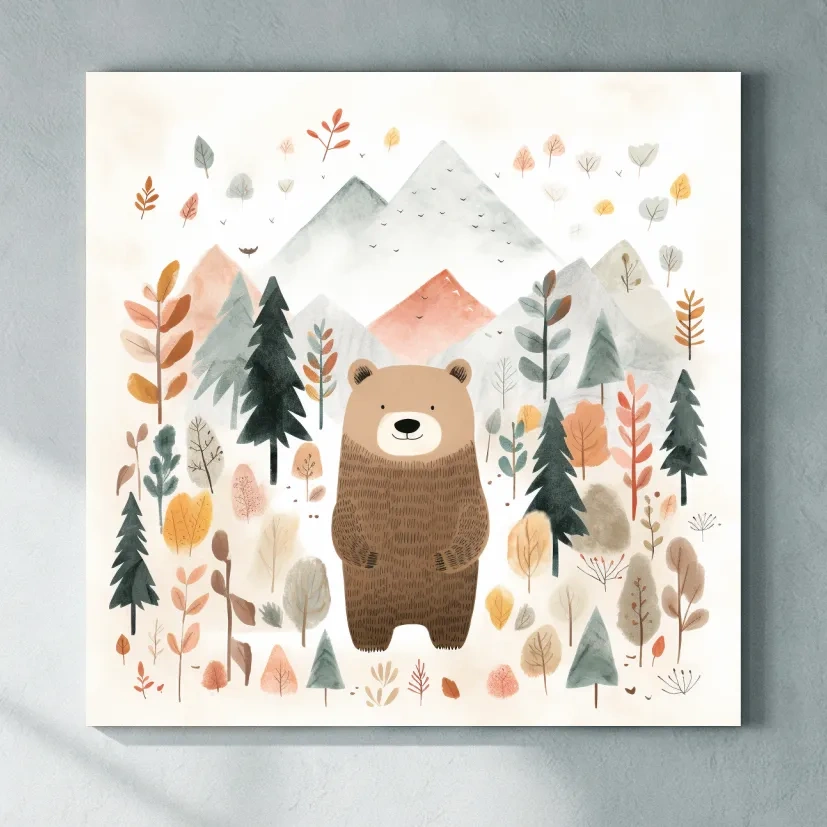 Cute Watercolor Bear Bear In Forest - Whimsical Mountain Nursery Wall Art