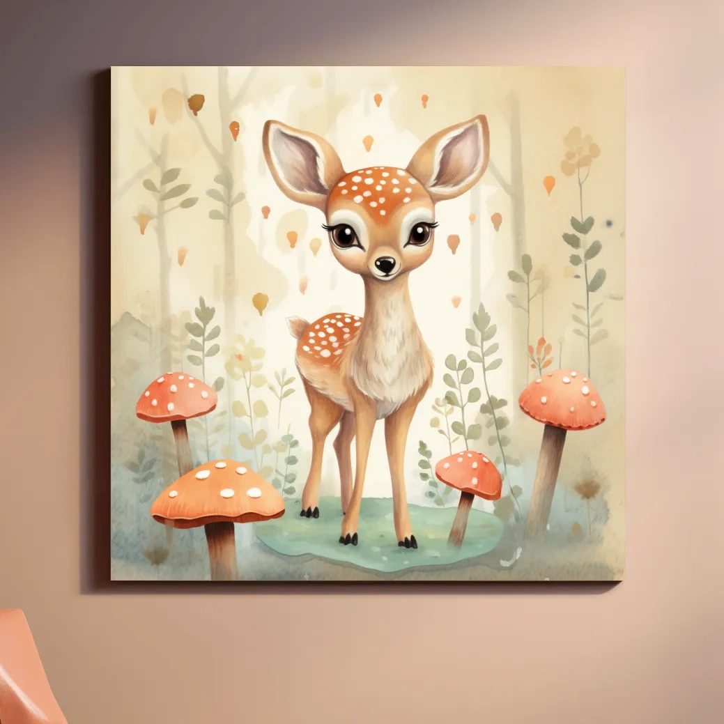 Nursery art, illustration of a cute baby fawn in the forest