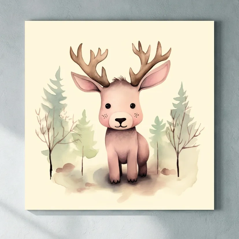 Childrens nursery art, an illustration of a cute baby moose in the forest
