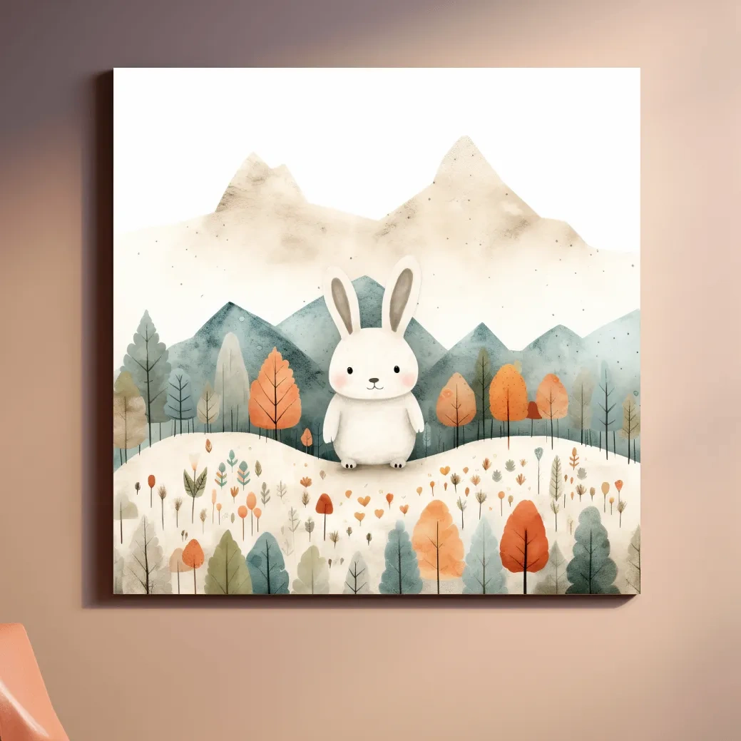 Cute happy bunny in the mountains, childrens storybook illustration art