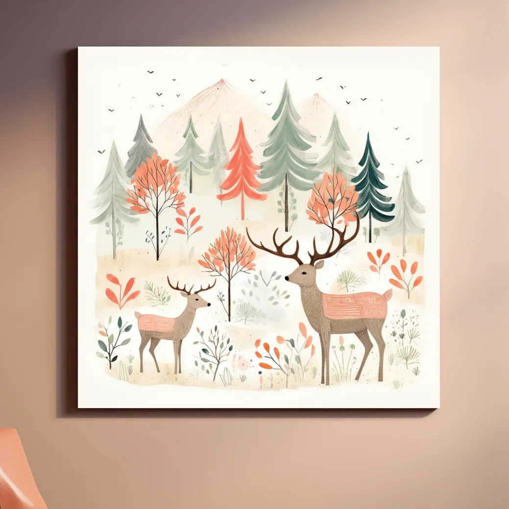 Storybook nursery art illustration, deer family in the forest