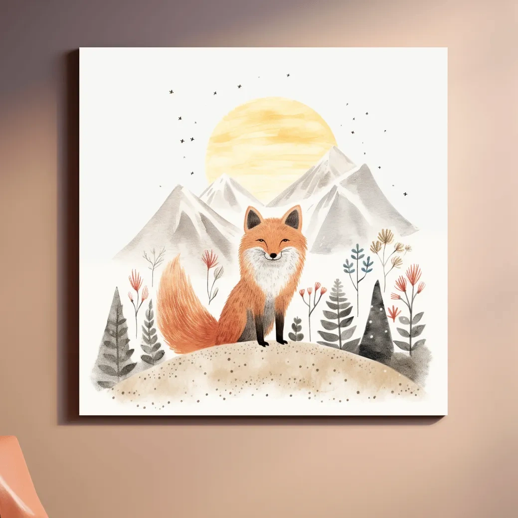 Cute quirky storybook nursery art, a happy fox in the mountains