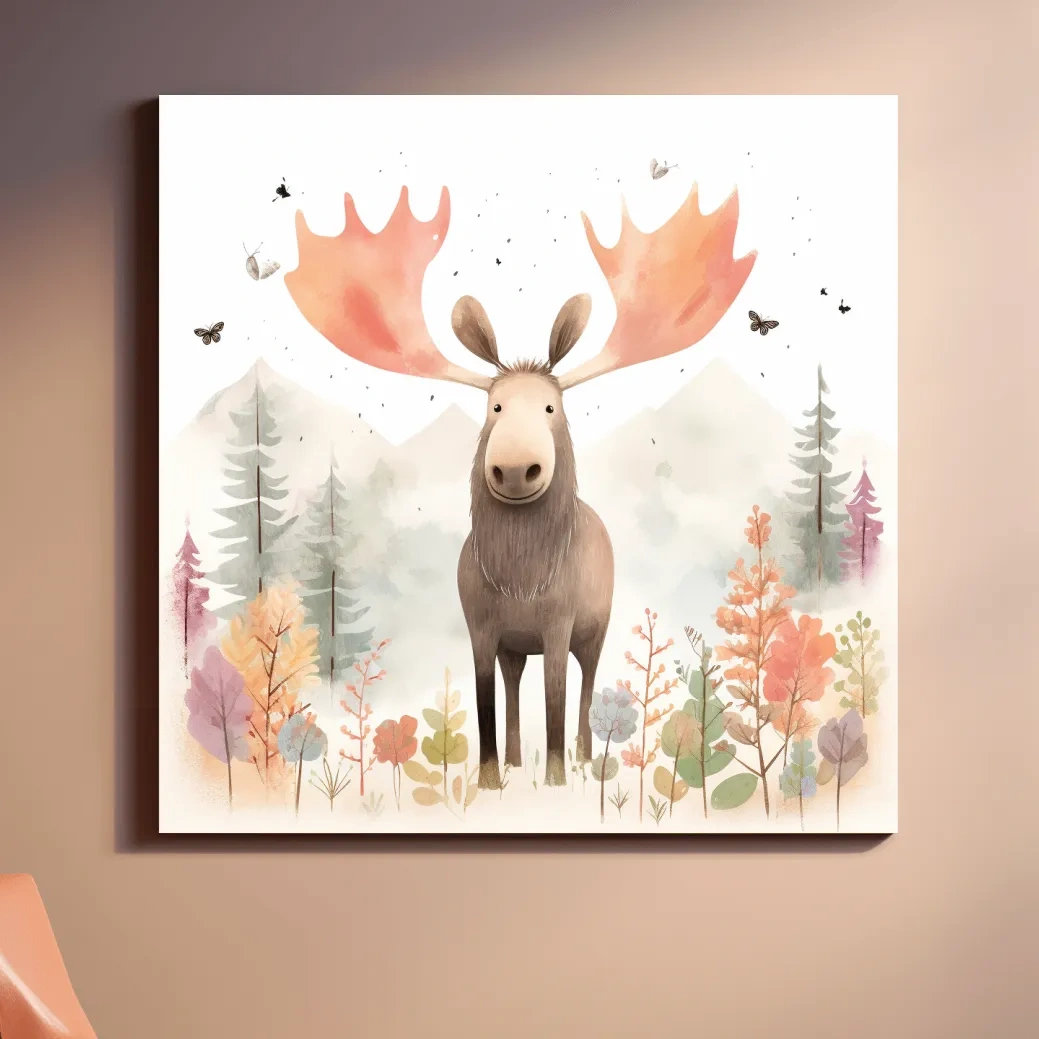 Nursery storybook artwork illustration, a happy moose in the mountains