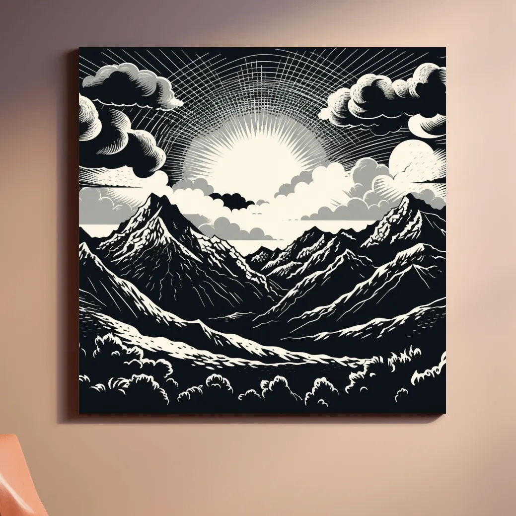 Sunset over mountain ranges, linocut style black & white artwork