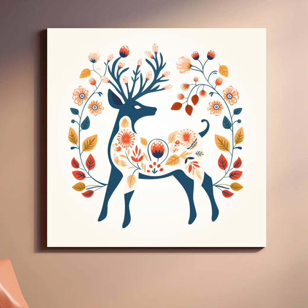 Folk Art Floral Deer Silhouette - Scandinavian Woodland Wall Art