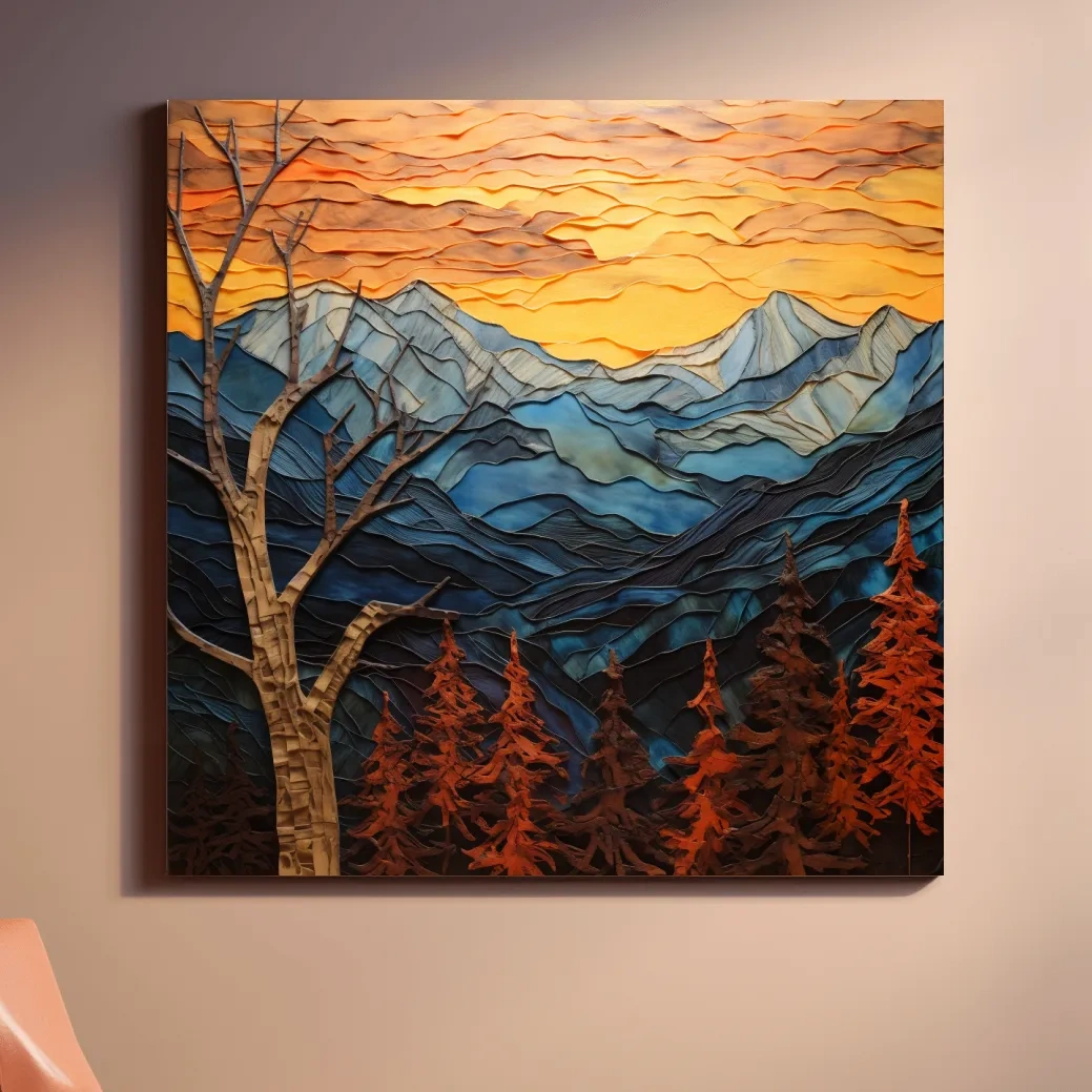 Layered Paper Cut Alpine Mountain Sunset - Mixed Media 3D Landscape Wall Art