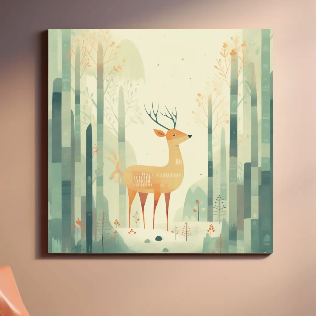 Deer in a forest, quirky nursery artwork illustration