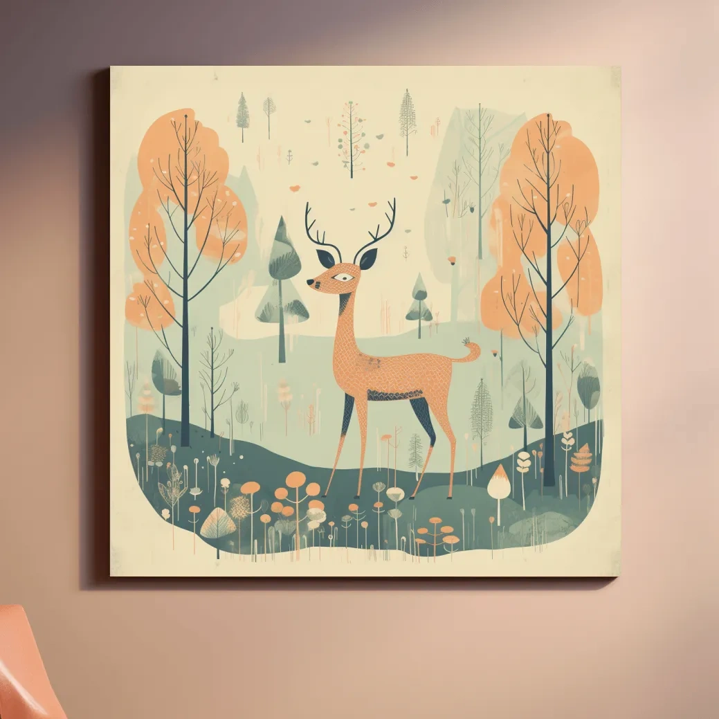 Deer artwork illustration for a nursery, folk art style