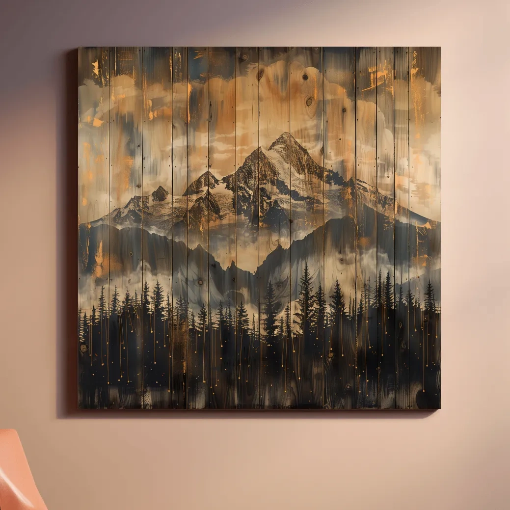 Rustic Mountain Range Over Pine Forest - Vintage Wood Panel Style Landscape Artwork