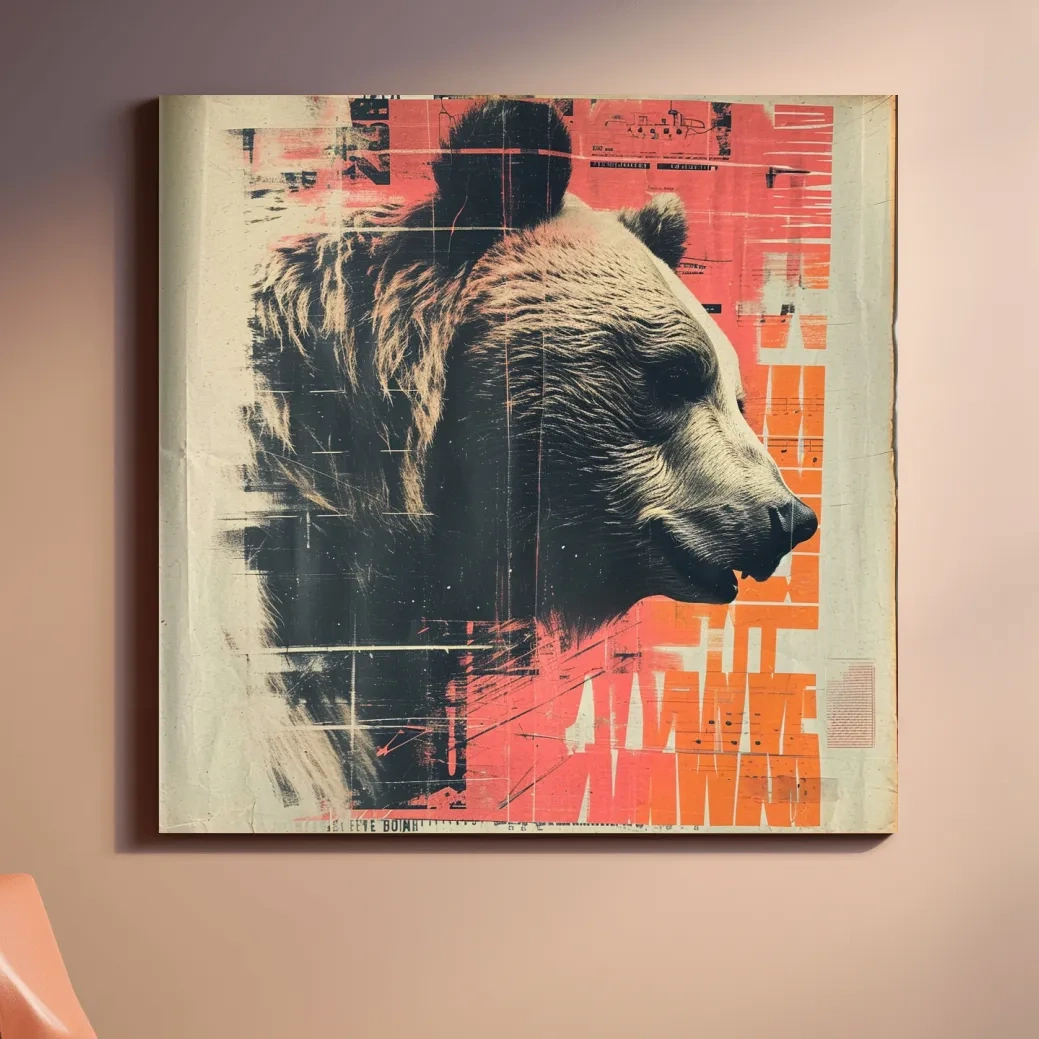 Grizzly bear artwork, magazine collage style art illustration