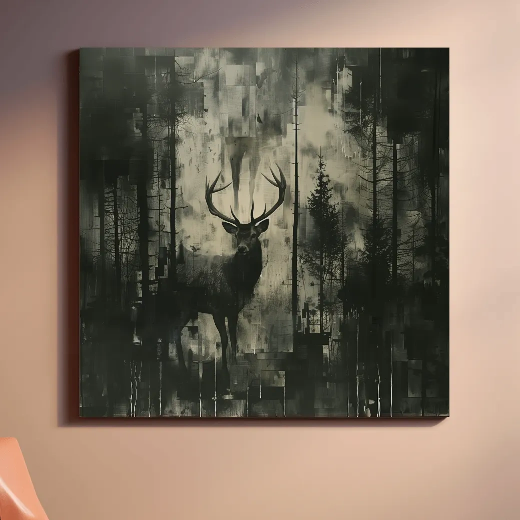 Abstract painting, deer hidden in the forest, dark artwork