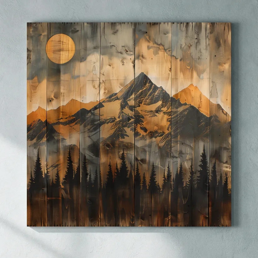 Rustic Woodgrain Mountain Sunset Artwork - Vintage Pine Forest Wall Art