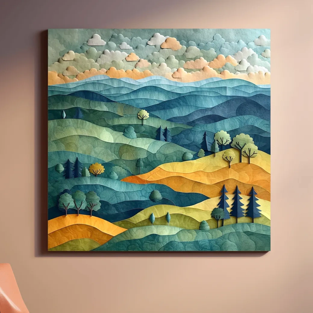 Happy hillside scene, 3d layered paper quilling cutout effect