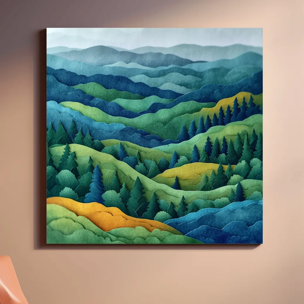 3d layered paper quilling effect artwork, rolling hills and forest
