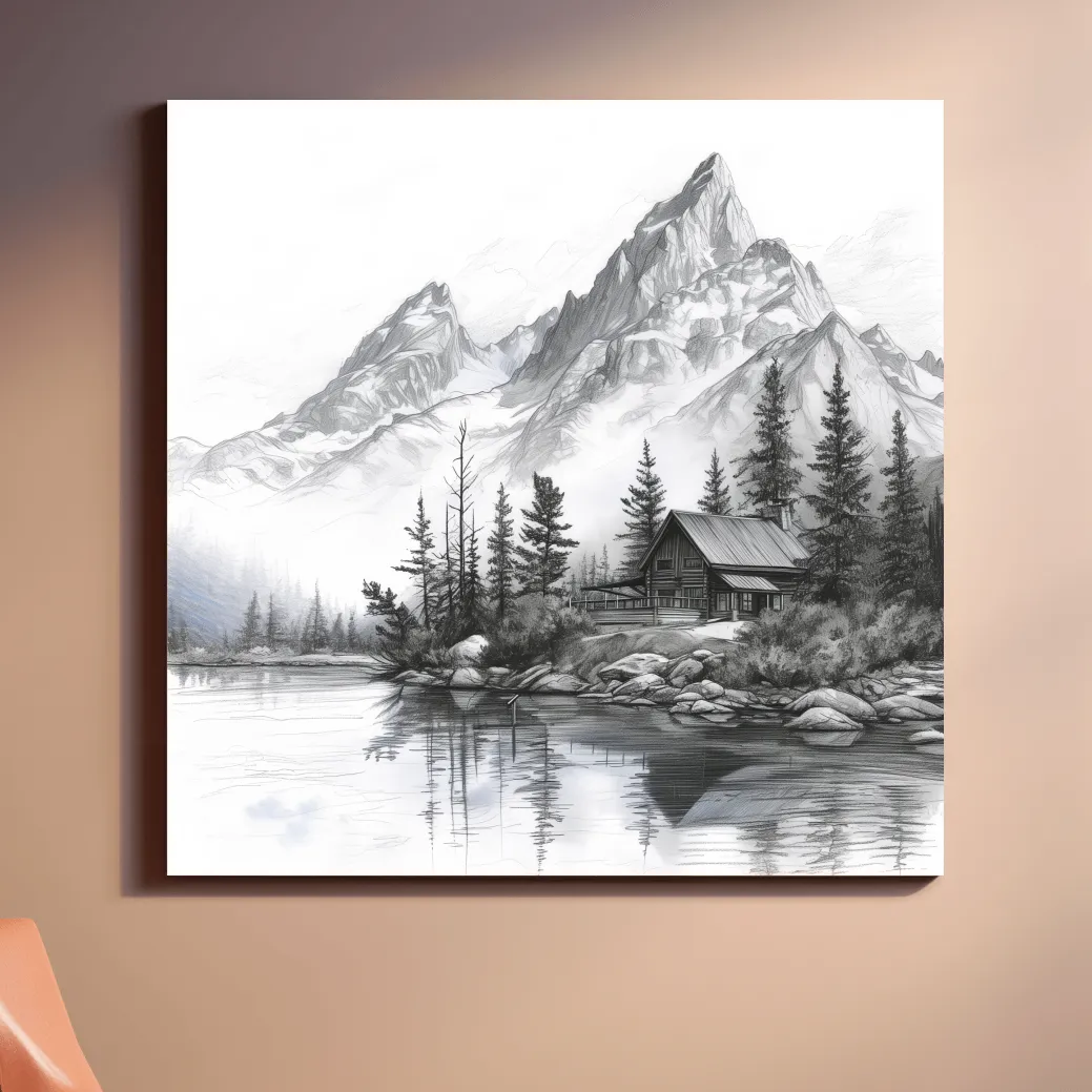 Lead pencil drawing of a cabin by an alpine lake beneath a glacier, mountain art