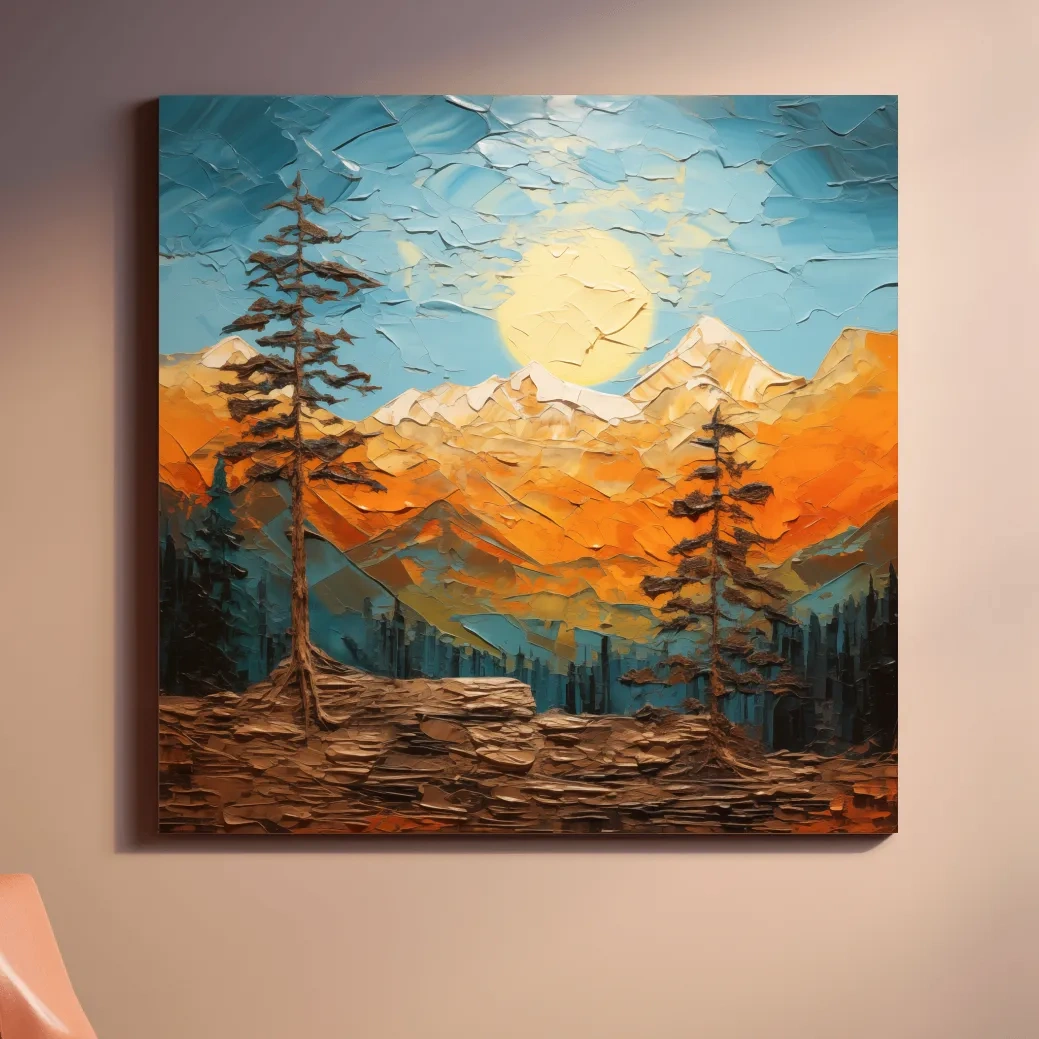 Mountains at sunset artwork print, thick impasto textured oil painting effect