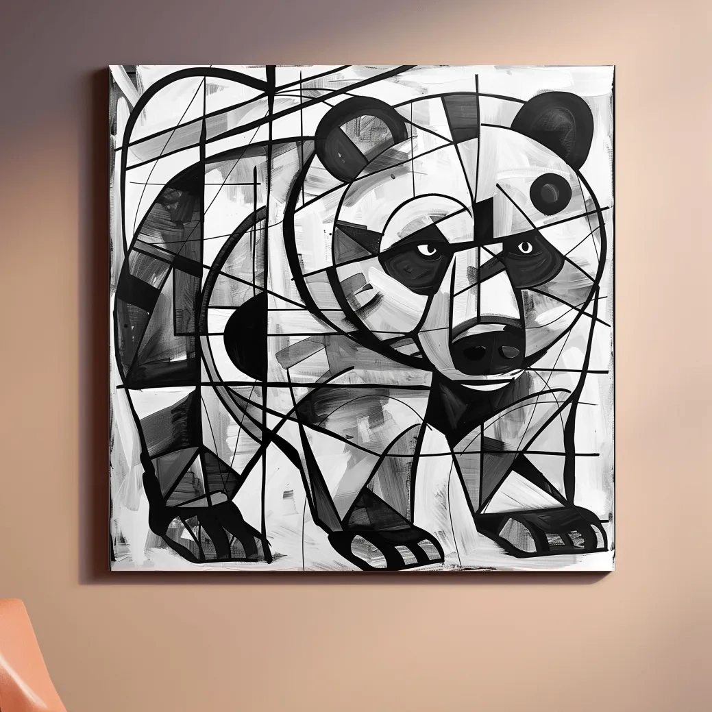 Abstract cubism style painting of a black bear