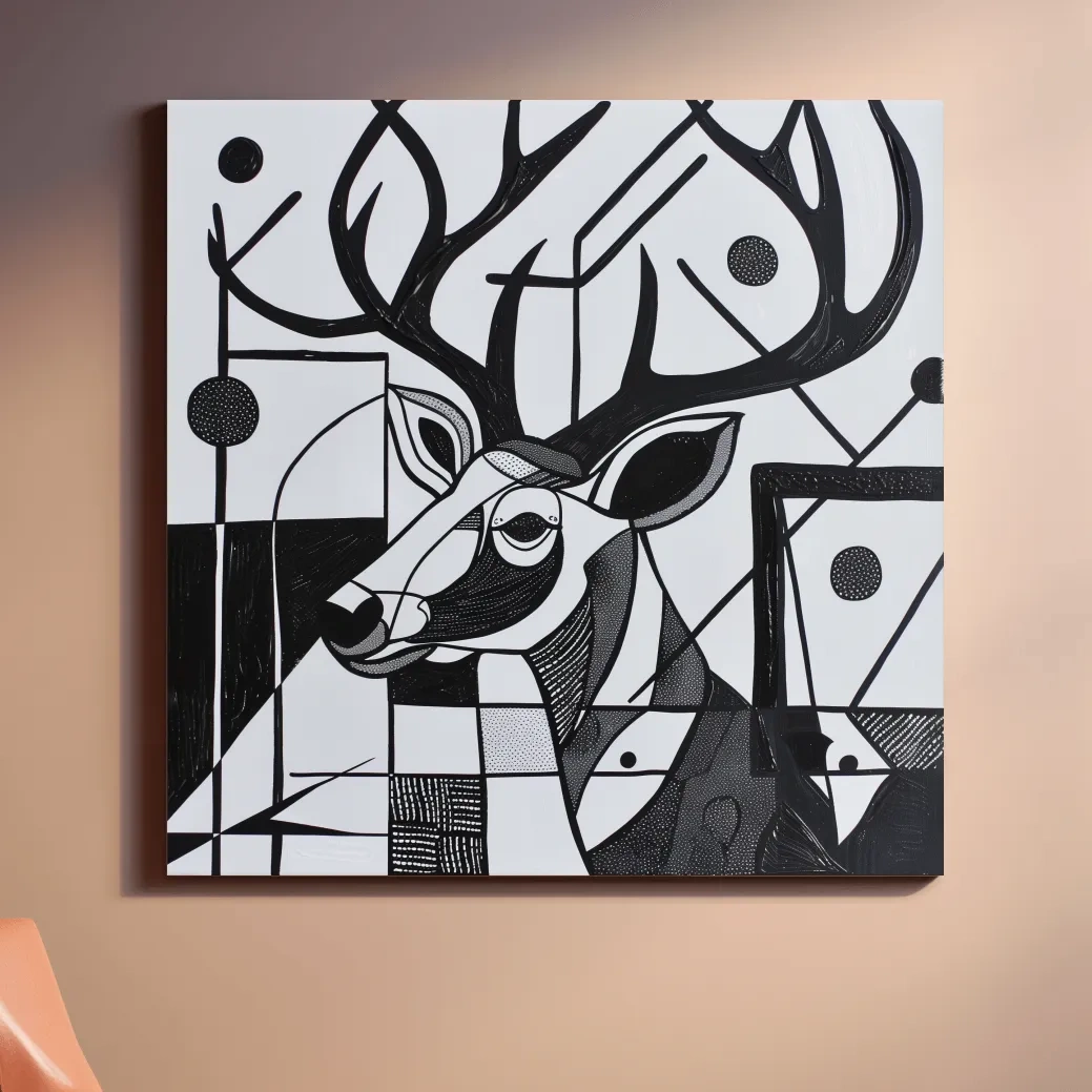 Abstract painting, black & white deer head and antlers artwork