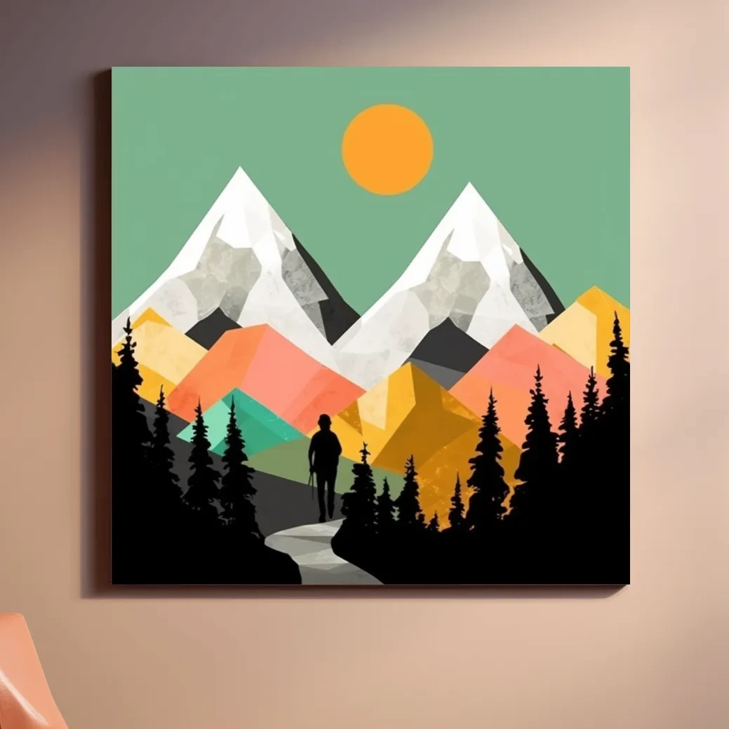 A mountain art scene made from colourful abstract shapes