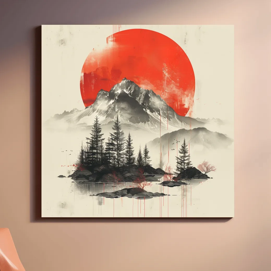 Japandi style minimalist artwork, sunset over a mountain glacier
