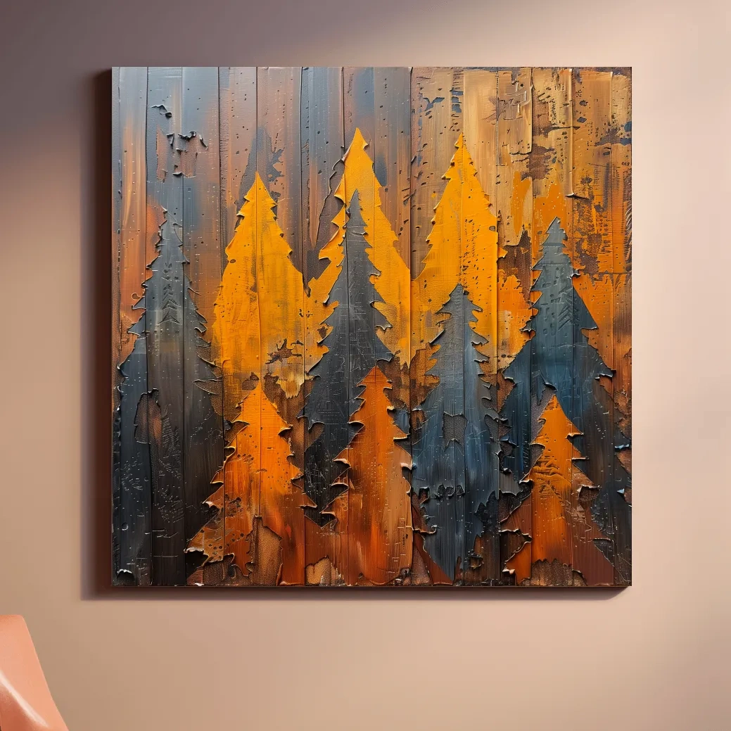 Painted wood artwork, alpine forest painting, peeled paint effect