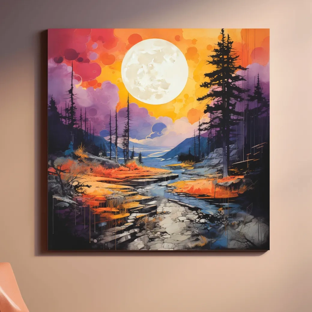 Colorful river and mountain sunset scene, illustration wall art