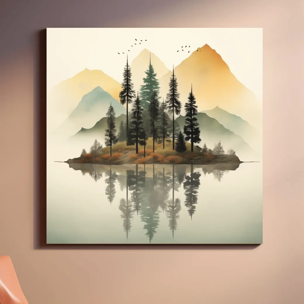 Misty Pine Forest Island Reflection - Minimalist Mountain Lake Wall Art
