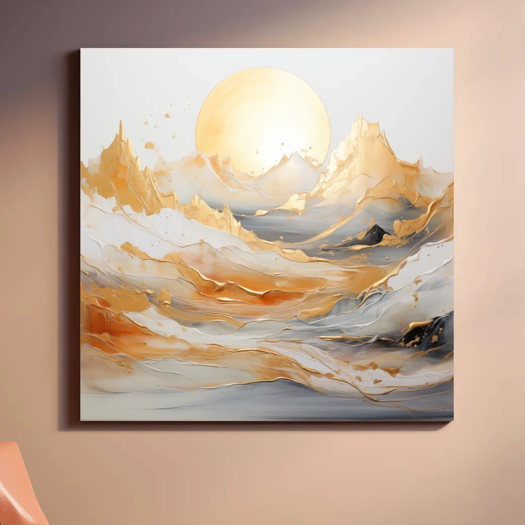 Gold Leaf Abstract Mountains Painting - Minimalist Sunrise Landscape Wall Art