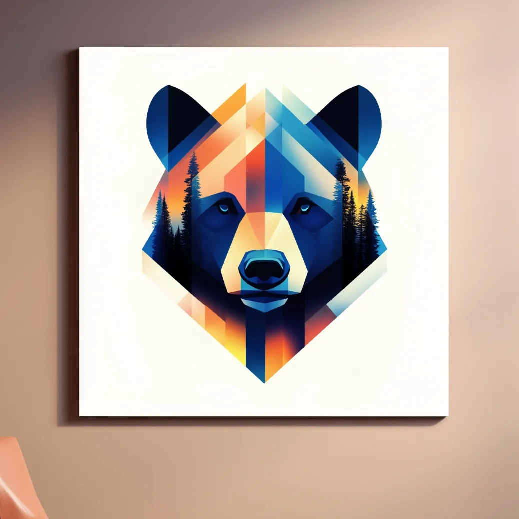 Colorful bear head illustration print, double exposure forest wall art