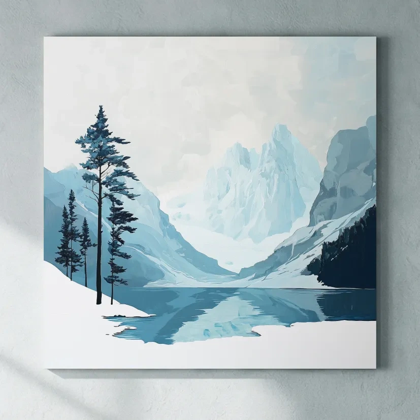 Minimalist Icy Mountain Lake - Scandinavian Winter Landscape Artwork