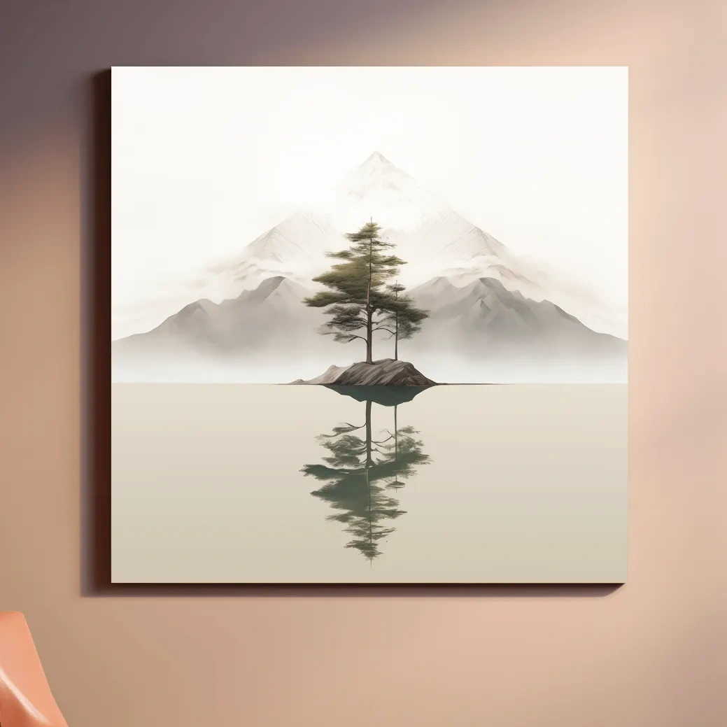 Mimimal mountain art, tree reflecting on a lake
