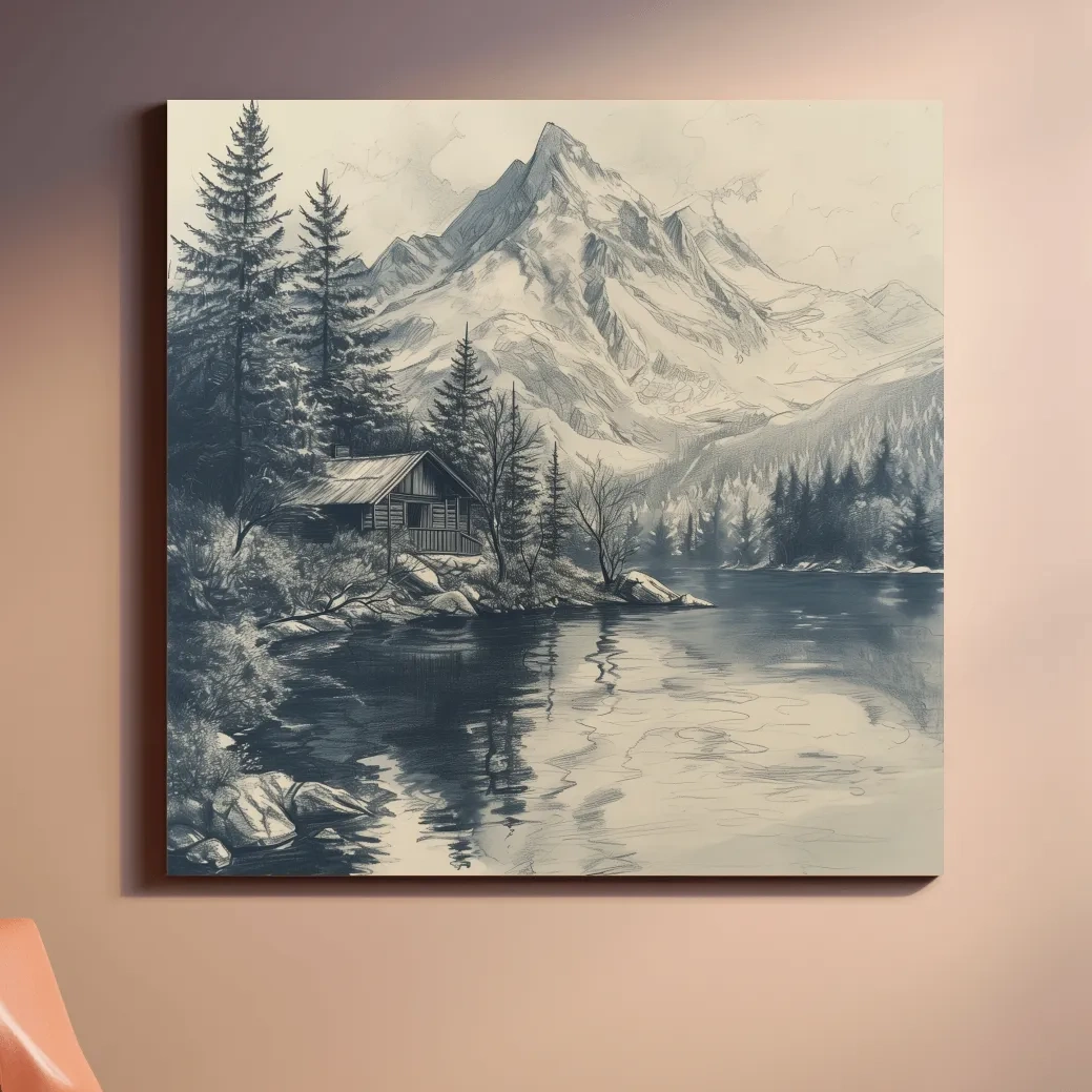 Lead pencil drawing of a cabin by an alpine lake