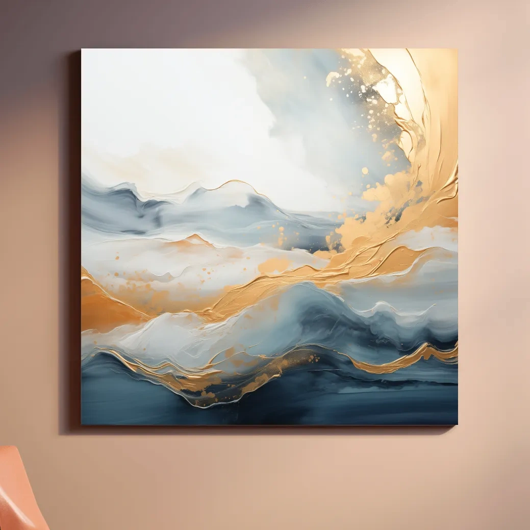 Swirling gold painting of abstract mountains and clouds