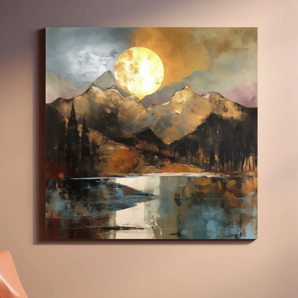 Golden mountain sunset artwork, gold leaf textured style landscape wallart